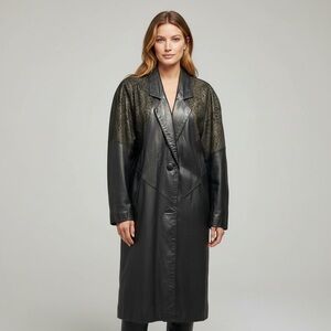 🌻VINTAGE 80s Pelle Club Long Embossed Paisley Black Leather Trench Upper Size L